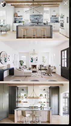 three different views of a kitchen and living room in an open floor plan with white walls