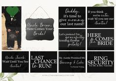 black and white wedding photo collages with chalkboard sayings for the bride and groom