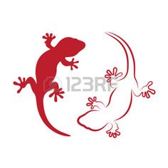 an image of two lizards in the same color and size, one is red on white