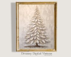 a painting of a white christmas tree with feathers on it's branches in a gold frame