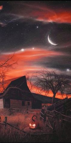 a painting of an old barn and the night sky