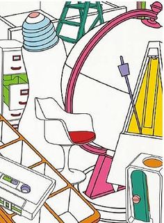 a drawing of a room with furniture and objects