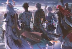 several anime characters standing in front of a cityscape