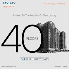 an advertisement with the number forty floors in black and white, on a gray background