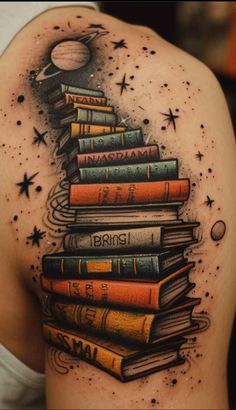 the back of a woman's shoulder with books stacked on top of each other