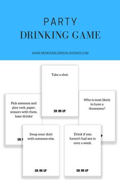 the party drinking game is shown in blue and white, with four different words on it