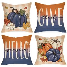 three pillows with pumpkins and leaves on them, one has the word give written in cursive writing