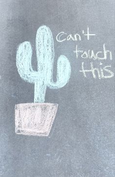 a chalk drawing of a cactus in a pot with the words can't touch this written on it