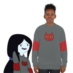 Everyone knows Marceline always had the best looks on Adventure Time, so why not own pieces from her wardrobe, starting with this cute sweater! This all over print crewneck sweatshirt is the perfect example of cool. With quality all-over printing capabilities, you won't be worried about white lines at the seams. This fleece is custom cut and sewn, featuring a crew neck and set-in sleeves to keep you warm.  .: 86% Polyester 14% Cotton .: Crew neck .: Classic Fit .: Custom cut and sewn .: White thread color .: Assembled in the USA from globally sourced parts !! Disclaimer: Please note that the print quality may not come out "absolutely perfect" due to the supplier only able to provide a polyester blend to achieve this look. Winter Crew Neck Sweatshirt With Cartoon Print, Winter Cartoon Print Crew Neck Sweatshirt, Winter Crew Neck Sweatshirt With Character Print, Casual Crew Neck Sweatshirt With Cartoon Print, Winter Sweatshirt With Character Print And Relaxed Fit, Pop Culture Cartoon Print Sweatshirt For Winter, Winter Pop Culture Sweatshirt With Cartoon Print, Casual Sweatshirt With Character Print, Crew Neck, Casual Crew Neck Sweatshirt With Character Print