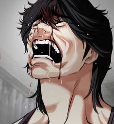 an anime character with his mouth open and blood dripping down the side of his face