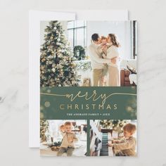 a christmas card with two photos and the words merry christmas in gold lettering on it