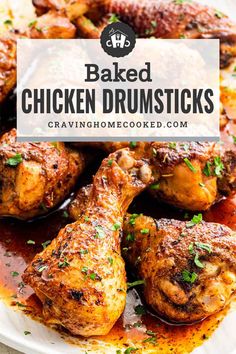 baked chicken drumsticks on a plate with sauce and parsley