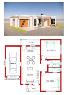 the floor plan for a small house with two cars parked in front of it and an open