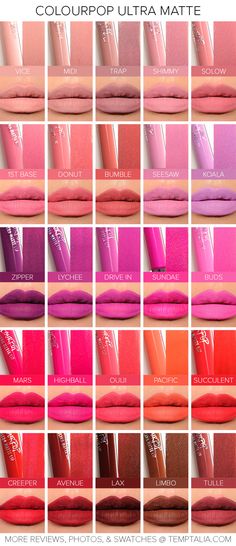 ColourPop Ultra Matte Liquid Lipsticks - Midi, Trap, Solow, Bumble, Avenue, Lax, and Tulle are all on my list! Liquid Lipstick Swatches, Make Up Inspiration, Lipstick Swatches, Makeup Swatches, Lip Art, Makeup Reviews, Matte Liquid Lipstick, Love Makeup