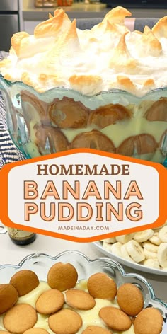 homemade banana pudding in a glass dish on a table with bananas and other desserts