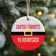 Are you looking for a cute gift idea for a 911 dispatcher? This 911 dispatcher Christmas ornament might be the perfect idea! Whether you  order it for yourself or a gift for someone else, order this Santa's Favorite 911 dispatcher Christmas ornament today!  These custom-made ceramic Christmas ornaments can be the perfect heirloom to use year after year, generation after generation. .: 0.125" (3mm) thick high-quality ceramic .: One-sided print .: Hole and gold-toned hanging string included. Ribbo Ceramic Christmas Ornaments, Coworker Gifts, Ceramic Christmas, Ornament Christmas, Cute Gift, Gifts For Coworkers, Someone Elses, Gift Registry, Cute Gifts