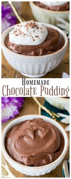 homemade chocolate pudding in a bowl with whipped cream on top