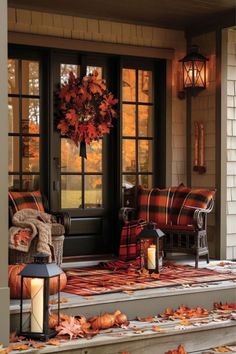 the front porch is decorated with fall leaves