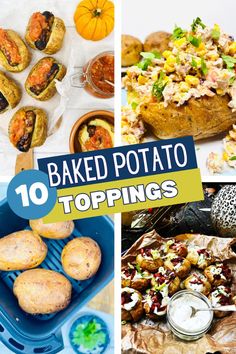 baked potato toppings with the words baked potato toppings on top and below them