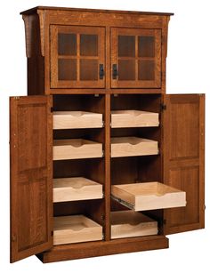 a wooden cabinet with two doors and drawers on the front, open to reveal shelves