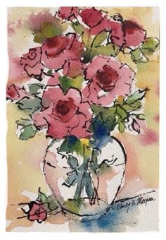 a watercolor painting of pink flowers in a vase