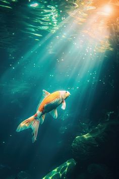 a fish swimming in an aquarium with sunlight streaming through the water