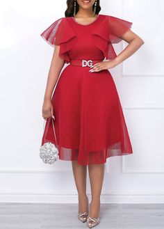 Package Contents : 1 X Dress , Without Belt Color : Red Printing Design : Plain Color Clothing Length : Midi Back Length(inch) :XXSXSSMLXLXXL39.140.040.941.743.245.045.8Note: The inaccuracy is between 1 and 1.5 inches due to manually measurement.Sleeve's Length : Short Sleeve Neckline : V Neck Sleeve Style : Volume Sleeve Season : Summer Style : Elegant Occasion : Party Composition : 97% Polyester 3% Spandex Washing Instructions : Hand Wash See More Fitted Red Splicing Dresses, Red Spliced Dress For Party, Low V Neck Dress, Red Chiffon Dress, Red Dress Sleeves, Mesh Short, Flowy Design, Solid & Striped, Short Sleeve Dress