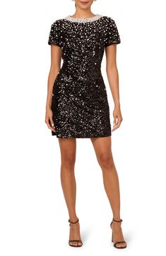 Be the topic of cocktail conversation in a sparkling minidress instantly accessorized with pearly baubles at the neckline and covered in shimmering sequins. 36" length Hidden back-zip closure Jewel neck Short sleeves Lined 100% polyester Spot clean Imported Jewel Neck, Adrianna Papell, Mother Of The Bride Dresses, Mother Of The Bride, Faux Pearl, Short Sleeves, Nordstrom, Mini Dress, Dresses