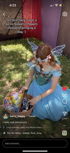 Fairy Petal Skirt Diy, Ren Faire Basket, Ren Fair Costume Diy, Garden Fairy Ren Faire, Ren Faire Trinket Trading Ideas, Ren Faire Trinkets, Fairy Ren Faire Costume, Ren Faire Fairy Costume, Ren Faire Outfits Fairy