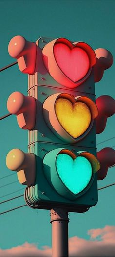 a traffic light with two hearts on it