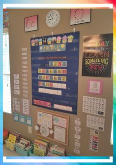 a bulletin board with some writing and pictures on the wall next to other school supplies