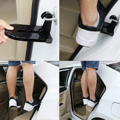 four pictures of someone stepping on a car door