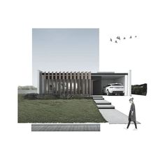 an image of a person walking in front of a house with birds flying around it