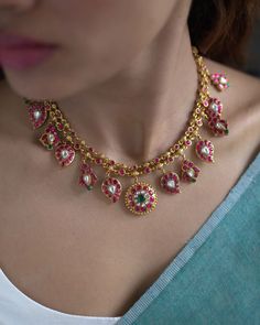 Gold Plated Multicolor Stones Necklace Sets From 'Prade Jewels' • South India Jewels South India Jewels Necklace, Satlada Necklace, Modern Indian Jewelry, Vintage Indian Jewelry, Choker Design, Simple Necklaces, Kundan Jewellery Bridal, Gold Temple Jewellery, Gold Bridal Necklace