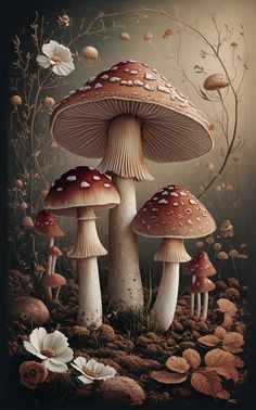 three mushrooms sitting on top of a pile of dirt next to flowers and leaves in front of a dark background