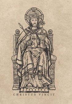 a drawing of jesus sitting on a throne with the words christ vigilt written below it