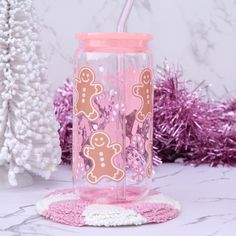 16oz Christmas Glass Can Cup with Pink Lid and Pink Straw Glass Cup With Lid, Pink Gingerbread, Pink Christmas Gifts, Christmas Cups, Cup With Lid And Straw, Sister Christmas, Pink Christmas Decorations, Sublimation Tumblers, Christmas Cup