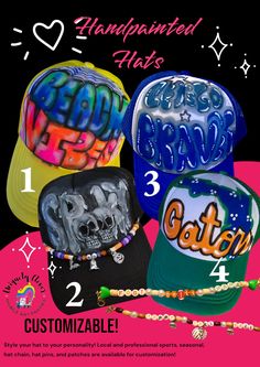 Customizable hand painted hats! Choose your color hat, text/image, favorite or specific colors, and allow the artist to come up with a unique piece tailored to your style! Some base color hats may be unavailable depending on inventory. The artist will contact you if requested color runs out and if or when it will be back in stock.  Due to copy right laws, the artist can not copy other artists or trademarked images, but will put her creative spin into it to make it even more unique. Fun ideas: local sport team spirit, professional sports team, seasonal, hobby orientated, pride, fun phrases, and more! Adjustable size snap back closure- one size fits most Breathable polyester mesh baseball cap/trucker hat Painted Hats Baseball, Customizable Cap Hats, Casual Hand Painted Cap, Themed Snapback Hat One Size, Fun Blue Customizable Hat, Themed Snapback Hat, Adjustable Themed Cap Style Hat, Casual Hand Painted Hat, One Size Fits Most, Adjustable Themed Cap