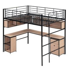 a metal loft bed with desk and drawers on it's bottom shelf, against a white background