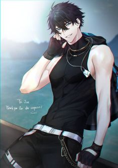 an anime character with black hair and gloves talking on a cell phone while standing in front of the ocean