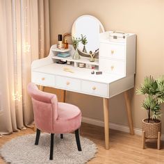 a pink chair sitting in front of a white desk with a mirror on top of it