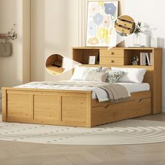 a bedroom with a bed, bookcase and dresser