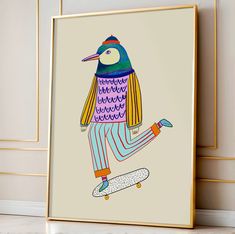 a colorful bird on a skateboard is featured in an art print by the wall