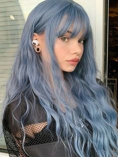 Short Hair With Layers Hair Color, Light Blue Hair Dye Ideas, Hair Colors Aesthetic, Muted Blue Hair Color, Light Blue And Dark Blue Hair, Fog Blue Hair, Ash Blue Hair, Pale Blue Hair Aesthetic, Silver Blue Hair