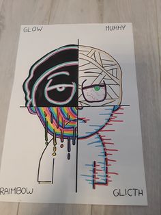 a drawing of a girl with glasses and a scarf on it's head next to a poster that says glitch