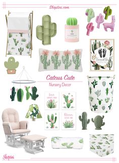 a collage of cactus themed items including a rocking chair, baby crib and other accessories