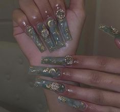 Baddie Nails With Gems, Fairy Nails Acrylic Long, Xl Bling Acrylic Nails, Square Nails Ideas Long Pink, Paeka Degallo Acrylic Nails, 444 Nails Acrylic, Ethereal Nails Aesthetic, Long Bling Acrylic Nails, Green Long Acrylic Nails