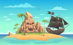 an island with a pirate ship on it