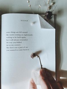 a person holding a flower in their hand with the words wilde on it, above them is a piece of paper that reads some things are left behind