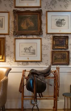 there are many framed pictures on the wall with horse tacks and saddle in it